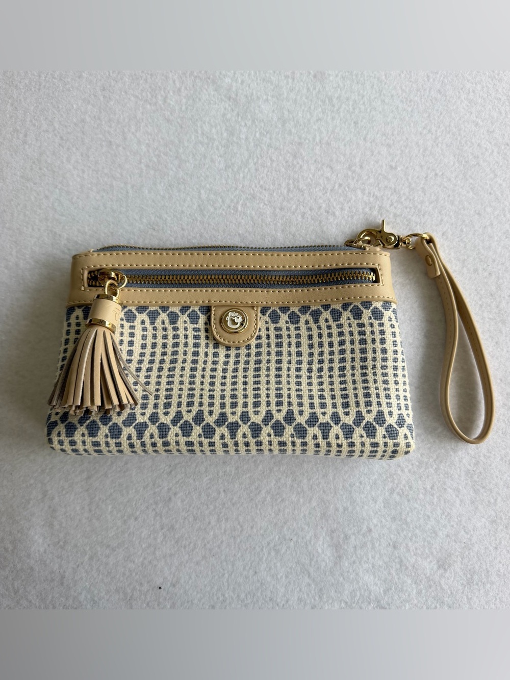 Spartina 449 Beige and Navy Woven Pattern Wristlet with Tassel